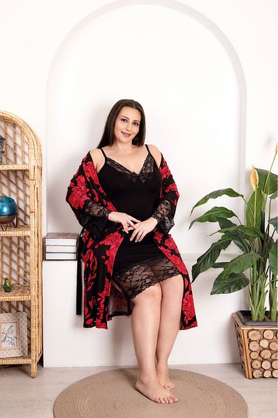 BELLİZZİ Women's Plus Size Floral Lace Nightgown Dressing Gown Set 19212