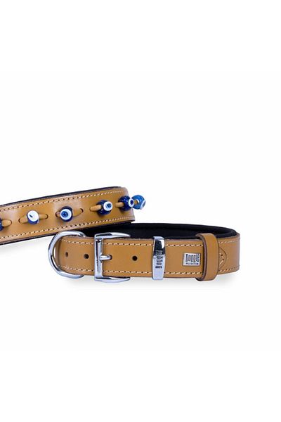 Doggie طوق كلب من الجلد المريح مزين بالخرز على شكل عين الشر، جملي متوسط، 2.5x37-45 سم