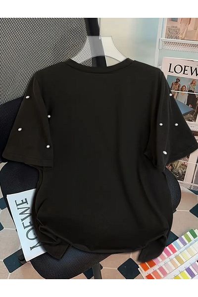 Pulli Collection Дамска тениска с кръгло деколте и детайли в бяло с перли
