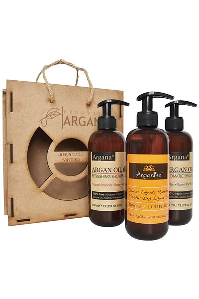 AZBANE -CASABLANCA - MAROC Set Cadou Rustic Sampon Argana 400 ml, Sapun Lichid Arganine 400 ml, Gel De Dus Argana 400 ml