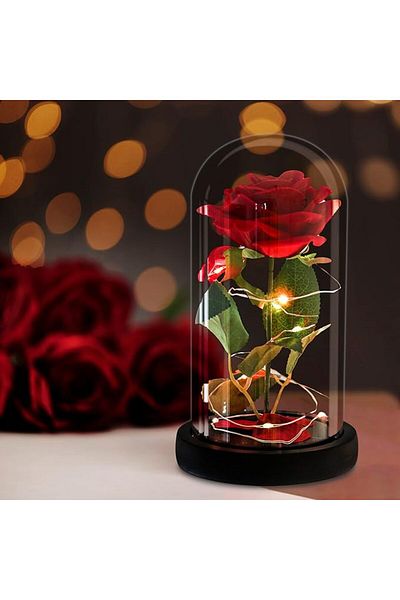 zola Trandafir decorativ in cupola de sticla, cu LED, cutie eleganta pentru cadou, 21 x 11 cm, rosu