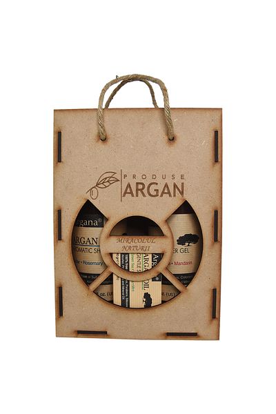 AZBANE -CASABLANCA - MAROC Set Cadou Rustic Argan Cutie Lemn Sampon Argana 400 ml, Gel De Dus Argana 400 ml, Sapun Argana 40 gr
