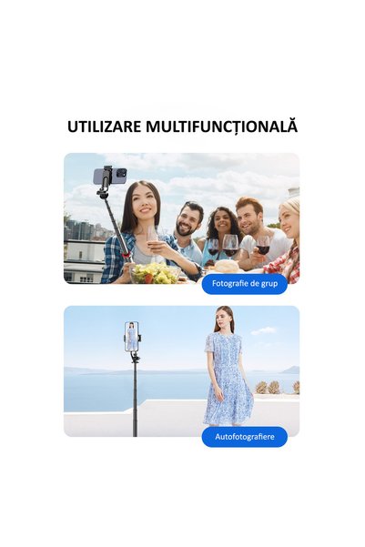 OBRALIX Selfie Stick multifunctional, cu LED, Telecomanda Bluetooth, iOS/Android, 130 cm