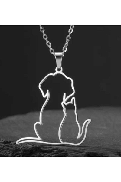 sarıyer silver Cat Dog Model Pet Nature Themed Steel Pendant and Steel Chain Necklace