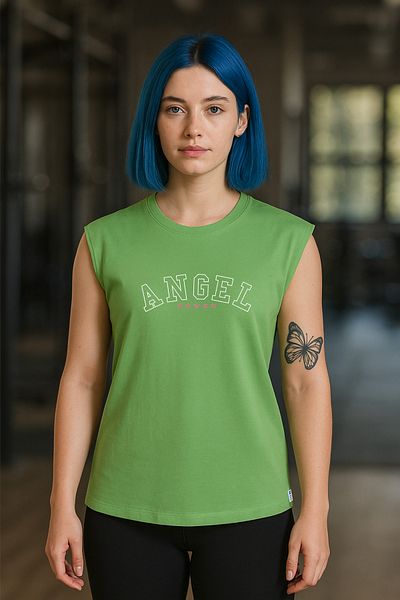 BESSA Tricou/singlet fără mâneci din bumbac oversize verde imprimat pentru femei