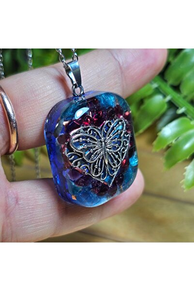 Singincraft Kelebek-Kalp Figür Apatit-Garnet Orgonit Çelik Zincir Kolye (El Yapımı Tasarım Ürünler)