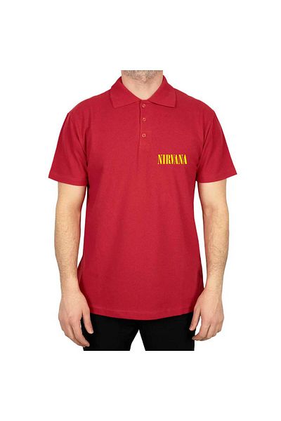 Z zepplin Nirvana Text Yellow Polo Neck Red T-Shirt