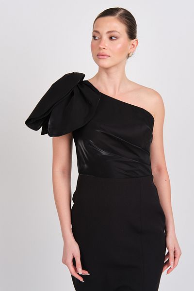 Balen Abiye Balen Women's One Shoulder Detailed Slit Midi Evening Dress 5101 Black