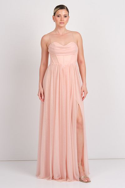 Dans Women's Underwire Draped Strapless Maxi Evening Dress 1771 Powder