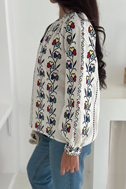 FEMELLE Women's Tassel Colorful Ethnic Pattern Embroidery Embroidered Cotton Blouse