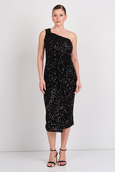 Balen Abiye Balen Women's One Shoulder Detailed Full Sequin Midi Evening Dress 5118 Black