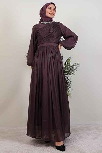 GİYZAMİLA Zeliş Taşlı Abiye Koyu Lila