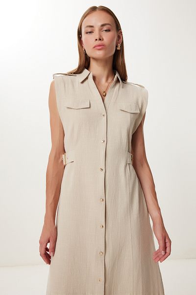 Lovelyİstanbul Belt Detailed Midi Linen Dress Ldp0069 Beige