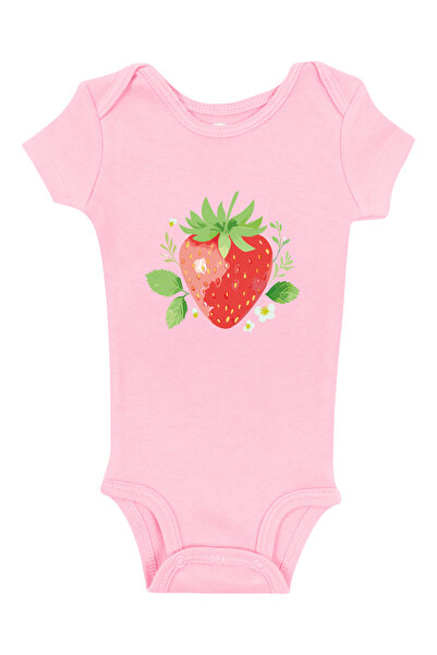 Mavipink Bebek Pamuklu Çilek Baskılı Kısa Kollu Zıbın Body