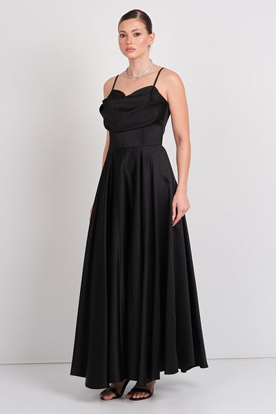 Dans Women's Strappy Flared Satin Fabric Maxi Evening Dress 1795 Black