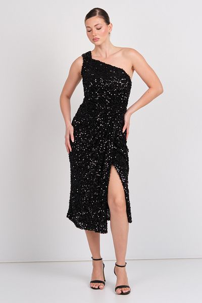 Balen Abiye Balen Women's One Shoulder Detailed Full Sequin Midi Evening Dress 5118 Black
