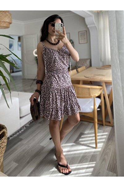 ARONA Women's Strappy V-Neck Waist Pleated Leopard Print Skirt Ruffled Single Jersey Dress