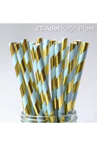 ARVALE Karışık Desenli 25 Adet Spiral Desenli Kağıt Pipet | Mavi Ve Altın Renk