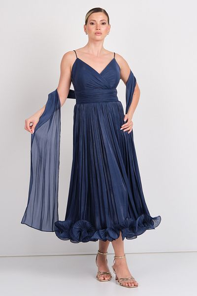 Balen Abiye Balen Women's Strap Skirt Hem Flounced Midi Evening Dress 5410 Navy Blue