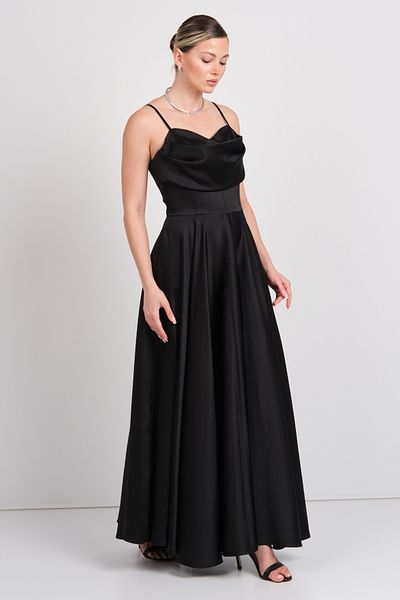 Dans Women's Strappy Flared Satin Fabric Maxi Evening Dress 1795 Black