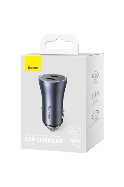 Baseus 40W Car Charger - Dual Type-C Ports - Golden Contactor Pro