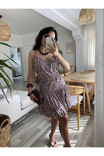 ARONA Women's Strappy V-Neck Waist Pleated Leopard Print Skirt Ruffled Single Jersey Dress