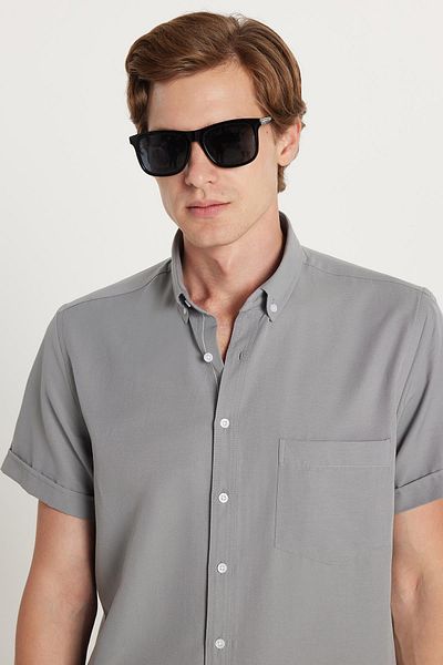 Tudors Men's Classic Regular Fit Relaxed Fit Button down Sport Collar Oxford Cotton Short Sleeve Gray Shirt