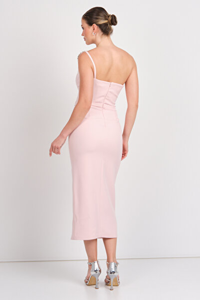 Balen Abiye Balen Γυναικείο Πέτρινο Κεντημένο Μίντι Βραδινό Φόρεμα με Λεπτομέρεια Μίντι 5136 Πούδρα