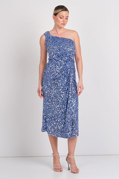 Balen Abiye Rochie de seară midi cu paiete, cu un singur umăr, cu paiete, 5118 Indigo