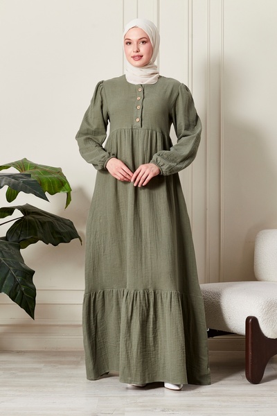 fistan Müslim Kumaş Pamuğa Pamuk Tesettür Elbise Namaz Elbisesi Önden Düğmeli...