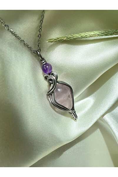Freya Atelier Pembe Kuvars & Ametist Doğal Taş Minimal Çelik Kolye