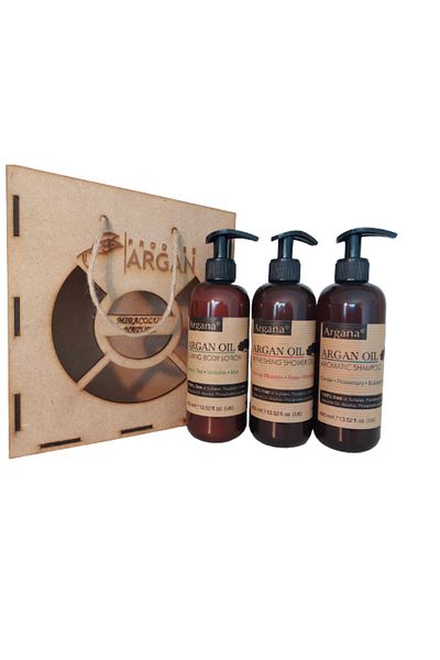 AZBANE -CASABLANCA - MAROC Set cadou rustic Lotiune Argana 400 ml, Sampon Argana 400 ml, Gel de dus Argana 400 ml