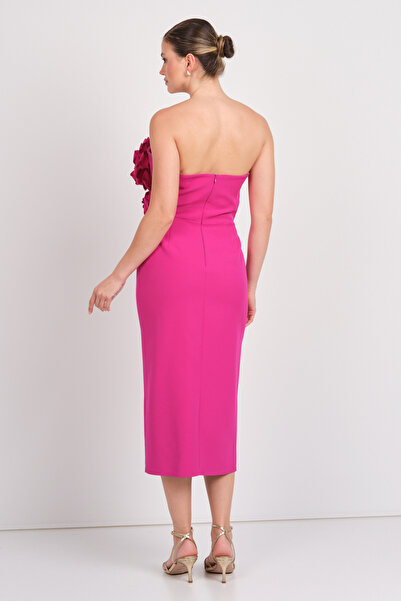Balen Abiye Balen Kadın Straplez Krep Kumaş Gül Detaylı Midi Abiye Elbise 5103 Fuşya