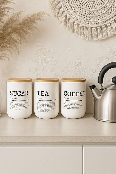 Kitchen Life Set of 3 Vacuum Bamboo Lid White Tea Coffee Sugar Jars 900 ml - Tea, Sugar, Coffee Jars