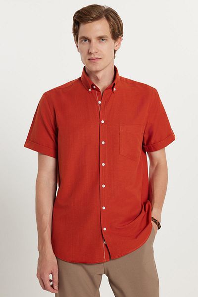 Tudors Men's Classic Regular Fit Relaxed Fit Button down Sport Collar Oxford Cotton Short Sleeve Brick Shirt