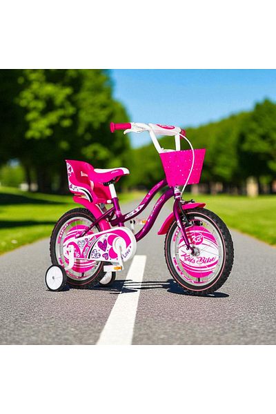 Visitor Bicicletă de 12 inch, roți de antrenament, coș frontal, scaun pentru păpuși, cadru din oțel de 7 inch, inimă mică