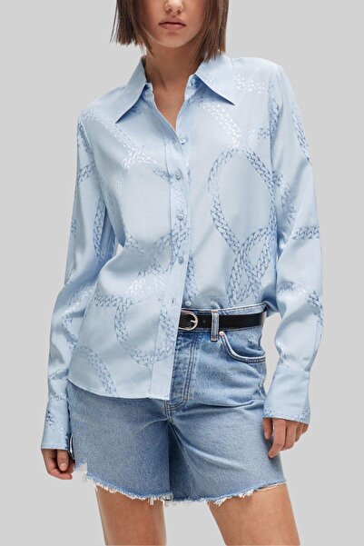 HUGO Kadın Klasik Yakalı Zincir Desenli Saten Gömlek Çok Renkli