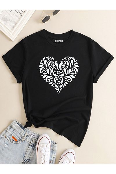 aynewmoda Μπλουζάκι με κοντομάνικο στρογγυλό λαιμό με σχέδιο καρδιάς