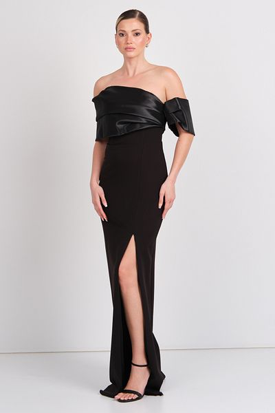 Dans Women's One Sleeve Detailed Strapless Maxi Evening Dress 1889 Black