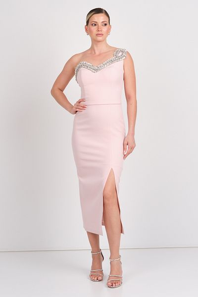 Balen Abiye Balen Women's Stone Embroidered One Shoulder Detailed Midi Evening Dress 5136 Powder