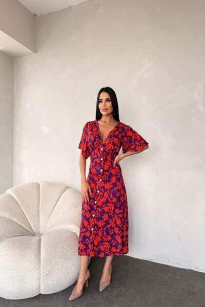 BY BASAK collection Women's Chest Low-Cut Leaf Pattern Woven Viscose Fabric M...