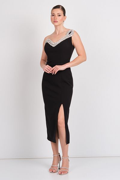Balen Abiye Balen Women's Stone Embroidered One Shoulder Detailed Midi Evening Dress 5136 Black