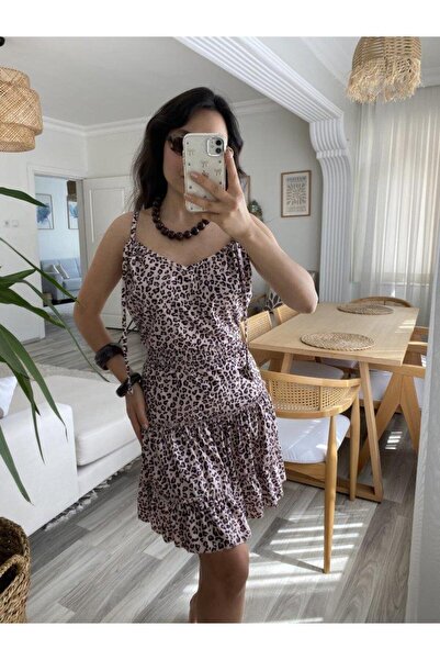 ARONA Women's Strappy V-Neck Waist Pleated Leopard Print Skirt Ruffled Single Jersey Dress