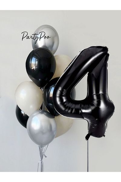 PartyPoo Black Number Foil Silver Metallic Balloon Set 10-Piece Birthday Balloon Set