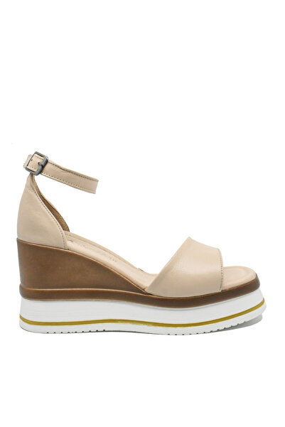 Anna Viotti Beige Leather Wedge Sandals with Ankle Strap