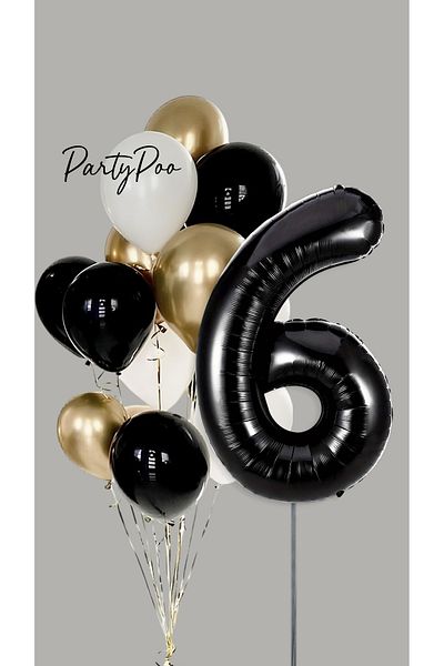 PartyPoo Black Number Foil Gold Metallic Balloon Set of 10 Birthday Balloon Set