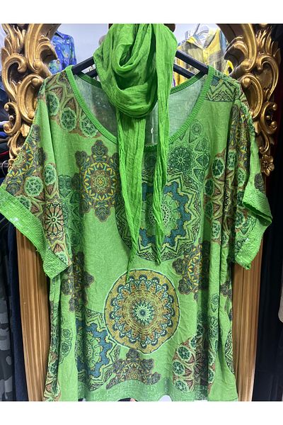 Butik Ayseba Italian Blouse Tie Dye Pattern Sequin Detailed Blouse with Shawl