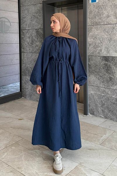 lamelif Μπαλόνι μανίκι δεμένο Hijab Φόρεμα Navy Blue