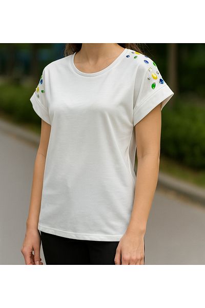 My Blog White Shoulder Bead Detailed Tshirt