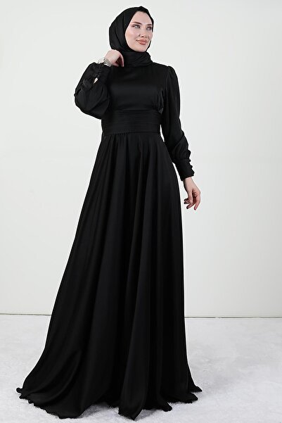 GİYZAMİLA Beli Pileli Saten Abiye Siyah